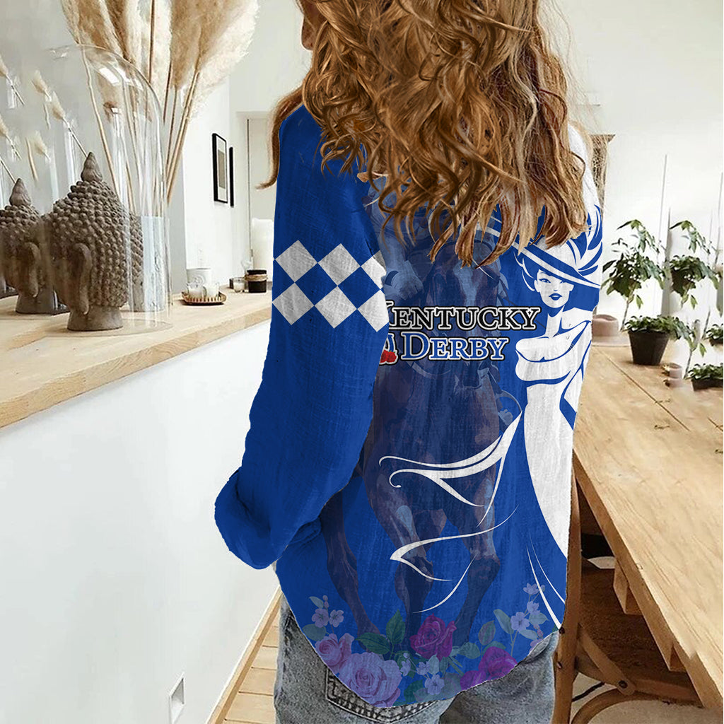 Kentucky Racing Horses Derby Hat Girl Women Casual Shirt Blue Color - Wonder Print Shop