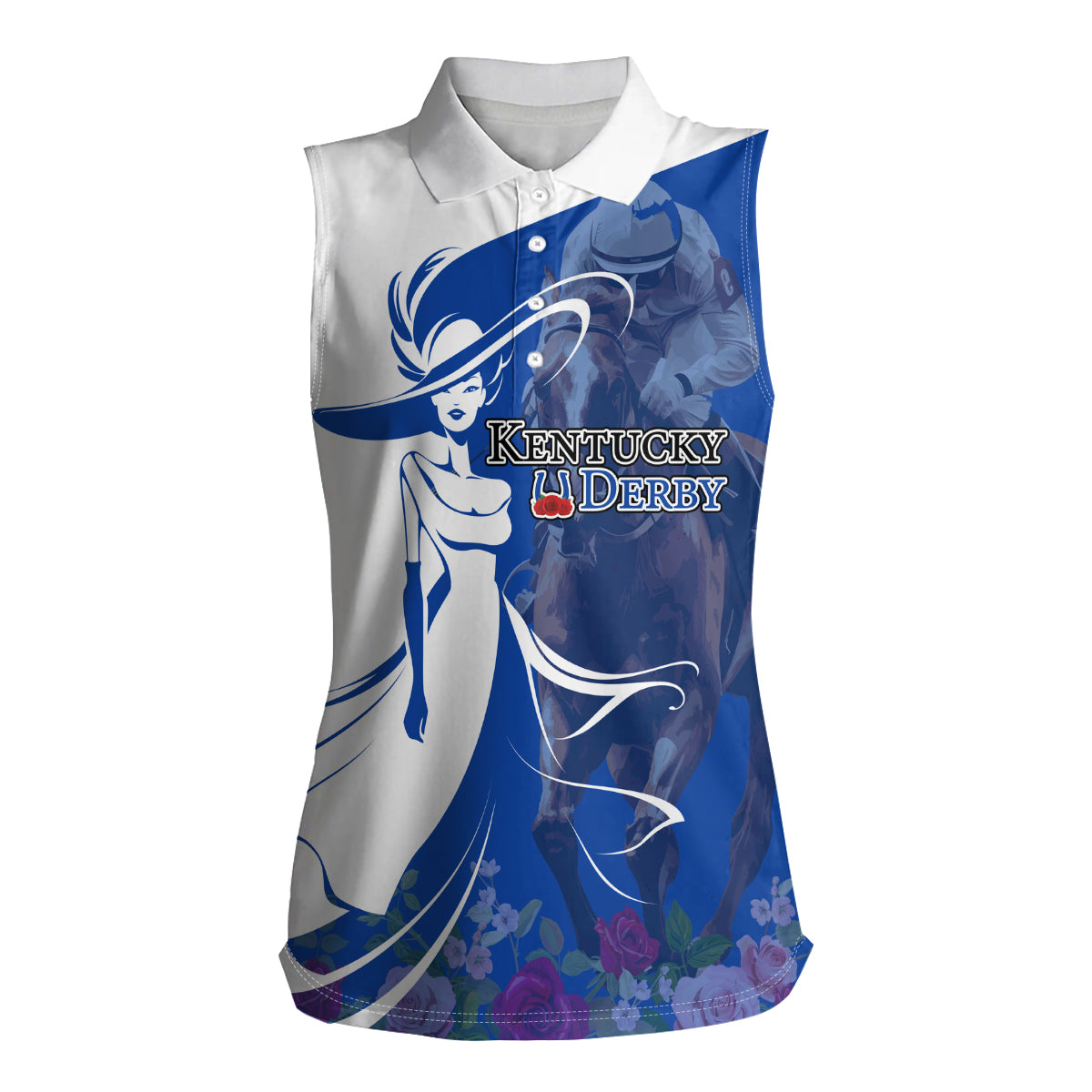 Kentucky Racing Horses Derby Hat Girl Women Sleeveless Polo Shirt Blue Color - Wonder Print Shop