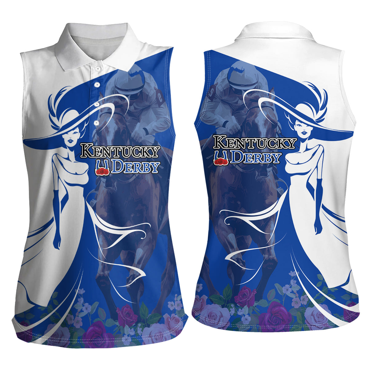 Kentucky Racing Horses Derby Hat Girl Women Sleeveless Polo Shirt Blue Color - Wonder Print Shop