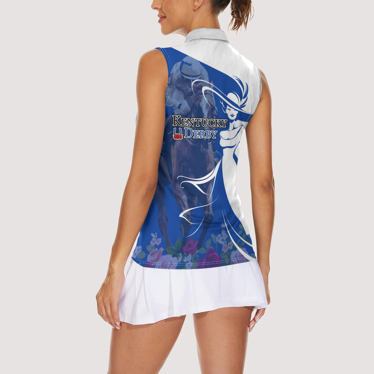 Kentucky Racing Horses Derby Hat Girl Women Sleeveless Polo Shirt Blue Color - Wonder Print Shop