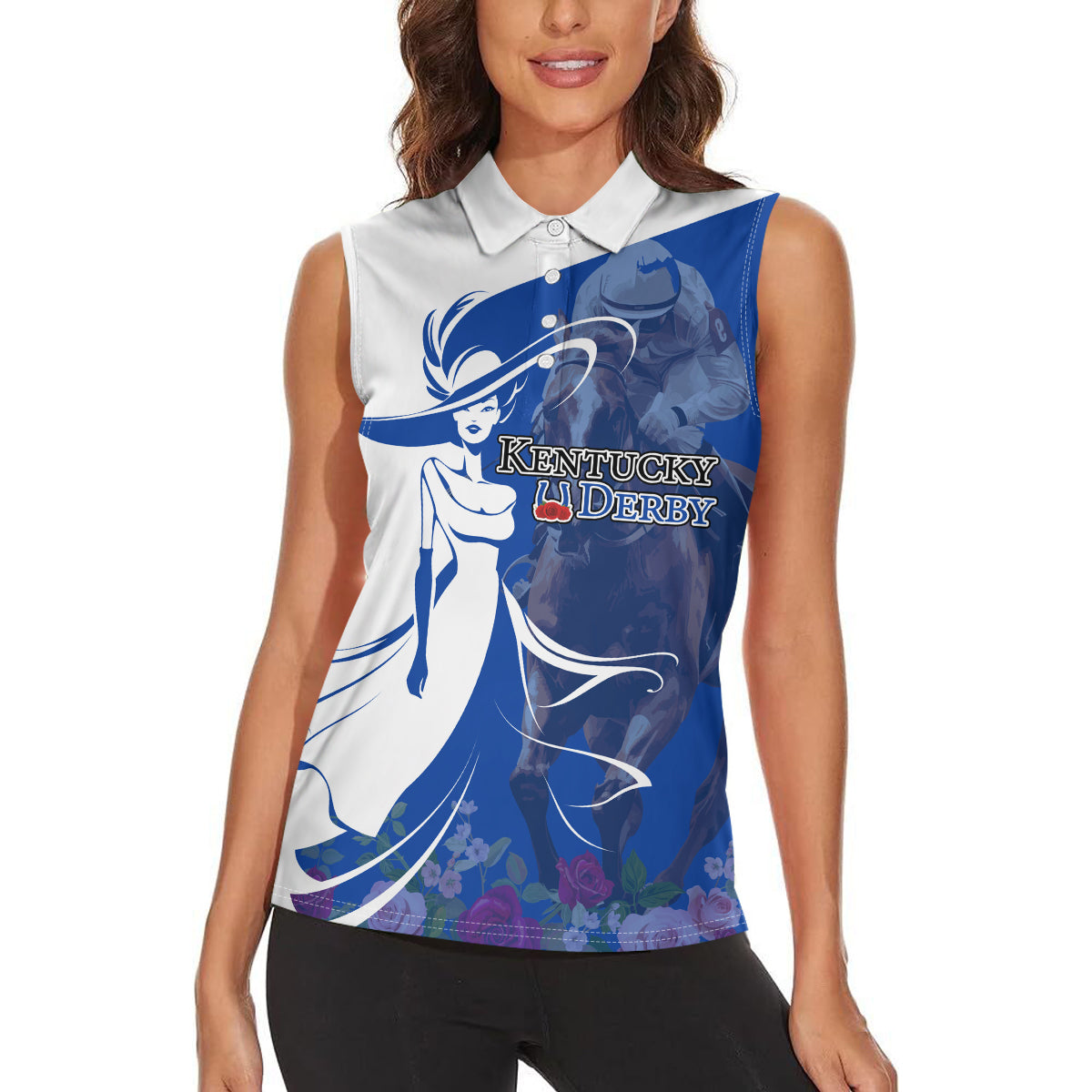 Kentucky Racing Horses Derby Hat Girl Women Sleeveless Polo Shirt Blue Color - Wonder Print Shop