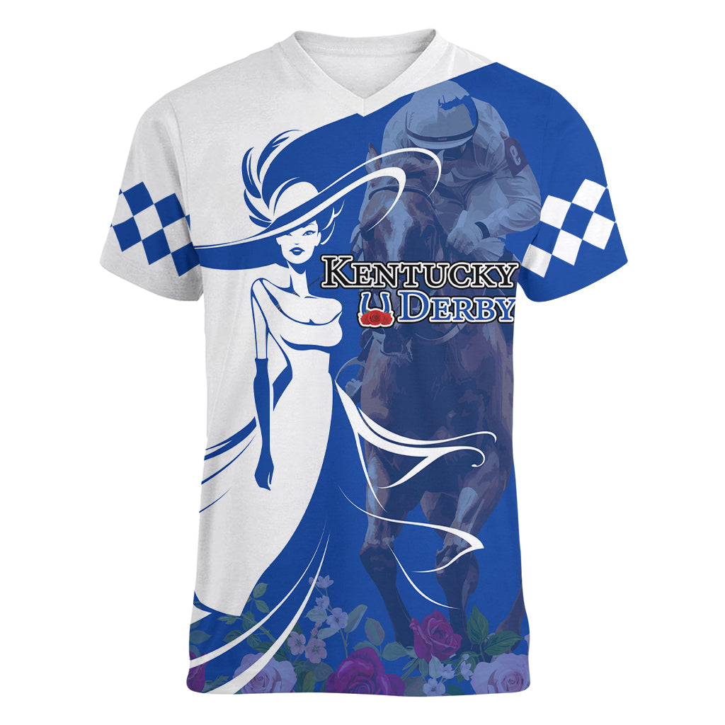 Kentucky Racing Horses Derby Hat Girl Women V-Neck T-Shirt Blue Color - Wonder Print Shop