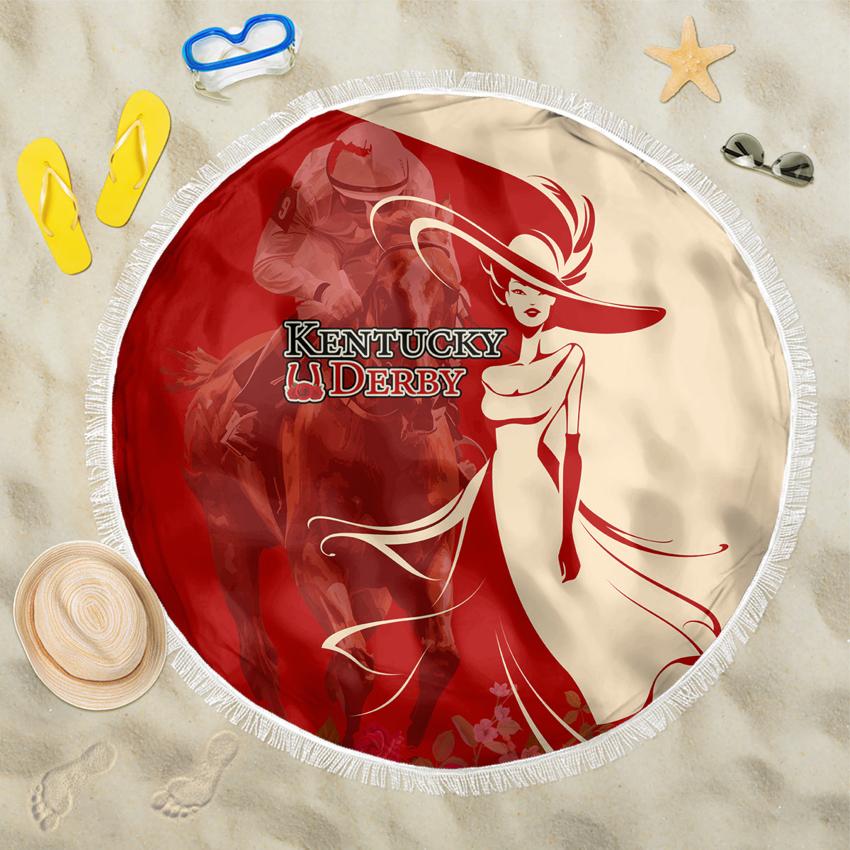 Kentucky Racing Horses Derby Hat Girl Beach Blanket Red Color - Wonder Print Shop