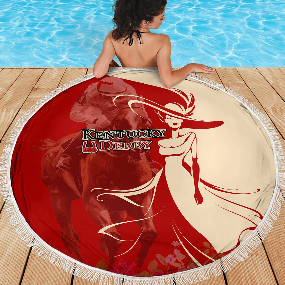 Kentucky Racing Horses Derby Hat Girl Beach Blanket Red Color - Wonder Print Shop