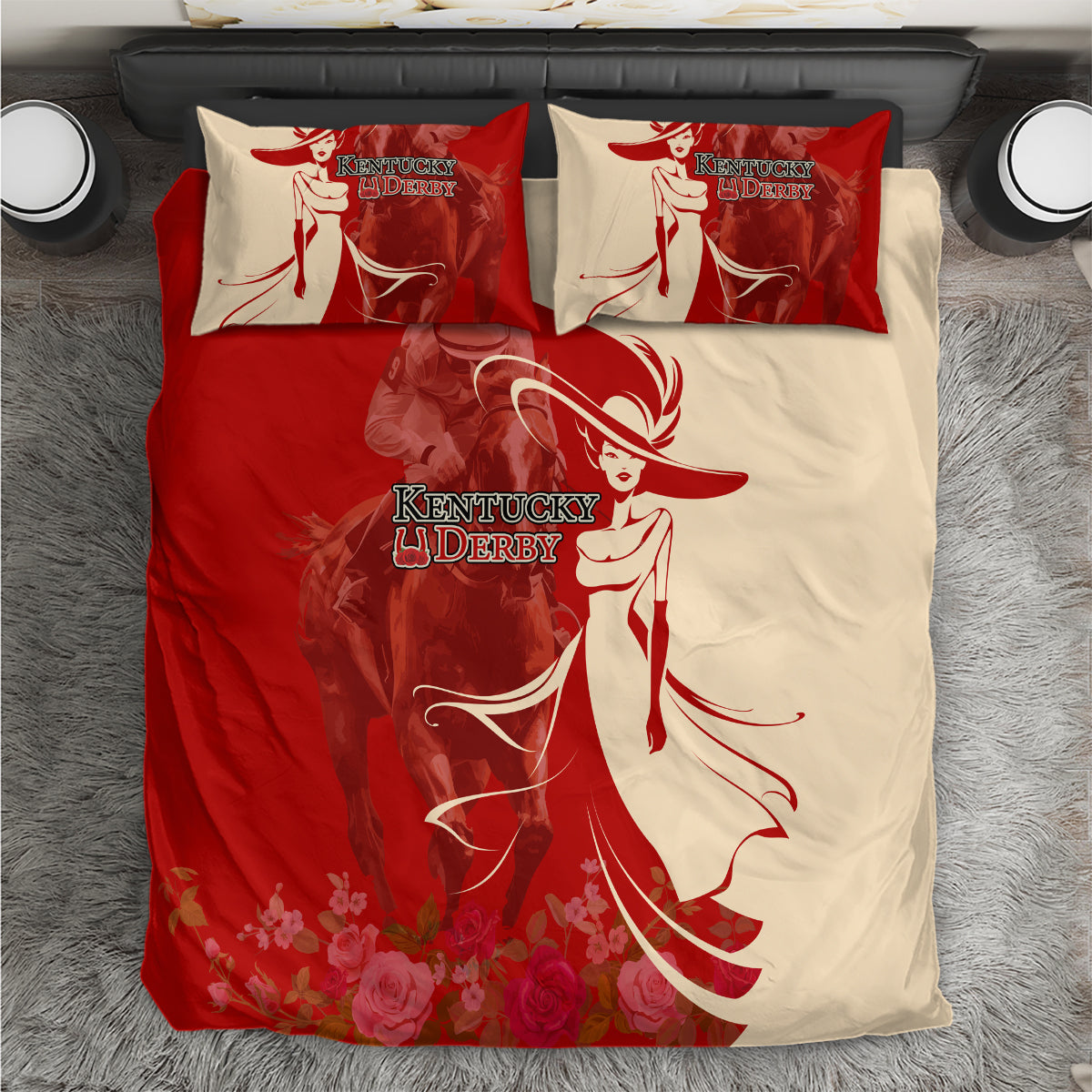 Kentucky Racing Horses Derby Hat Girl Bedding Set Red Color - Wonder Print Shop