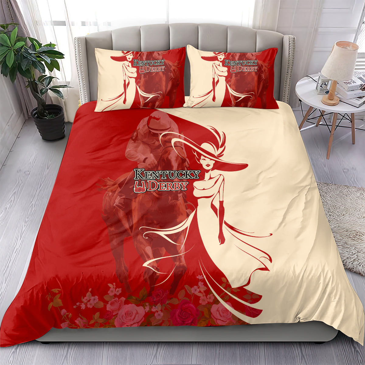 Kentucky Racing Horses Derby Hat Girl Bedding Set Red Color - Wonder Print Shop
