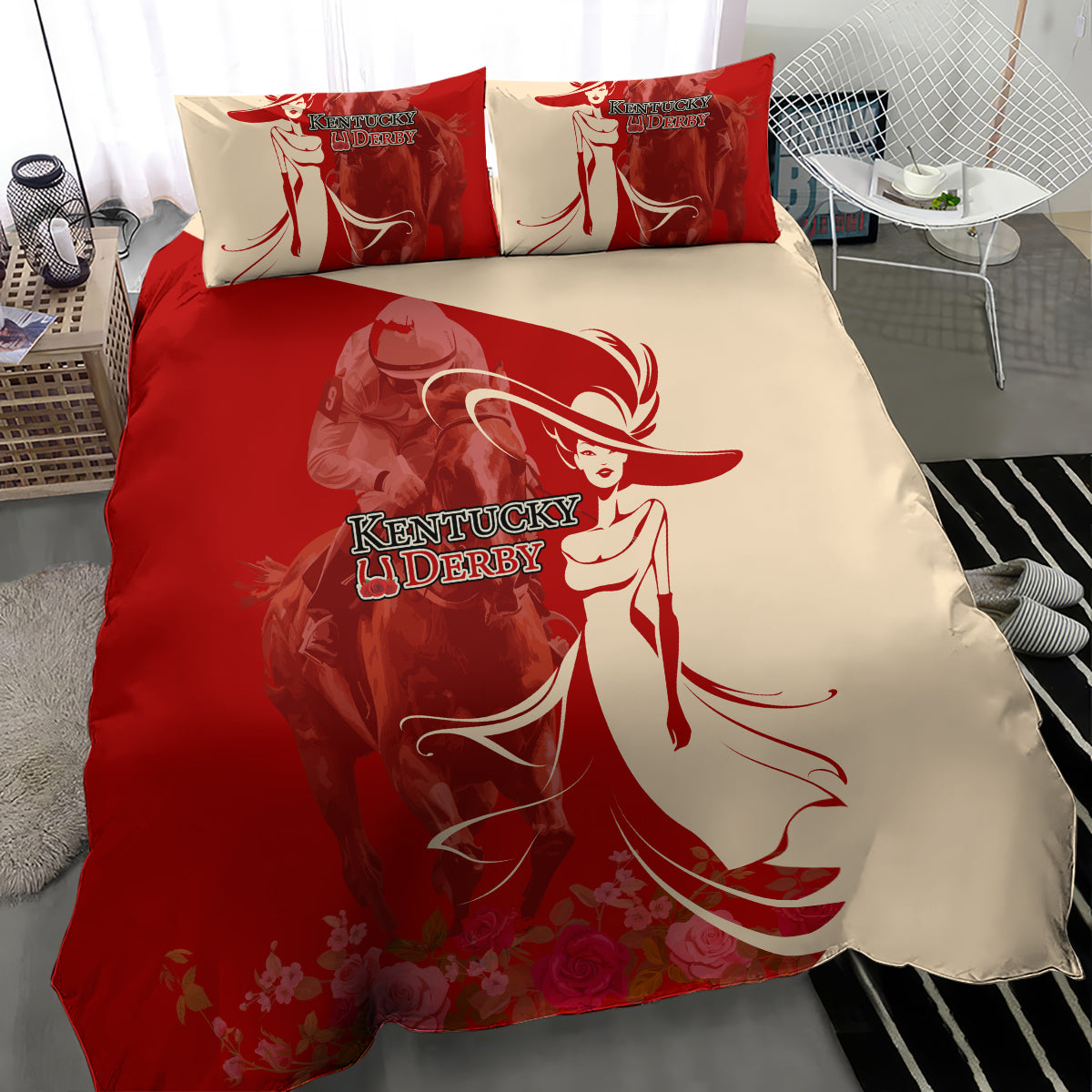 Kentucky Racing Horses Derby Hat Girl Bedding Set Red Color - Wonder Print Shop