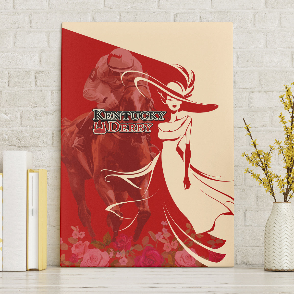 Kentucky Racing Horses Derby Hat Girl Canvas Wall Art Red Color - Wonder Print Shop
