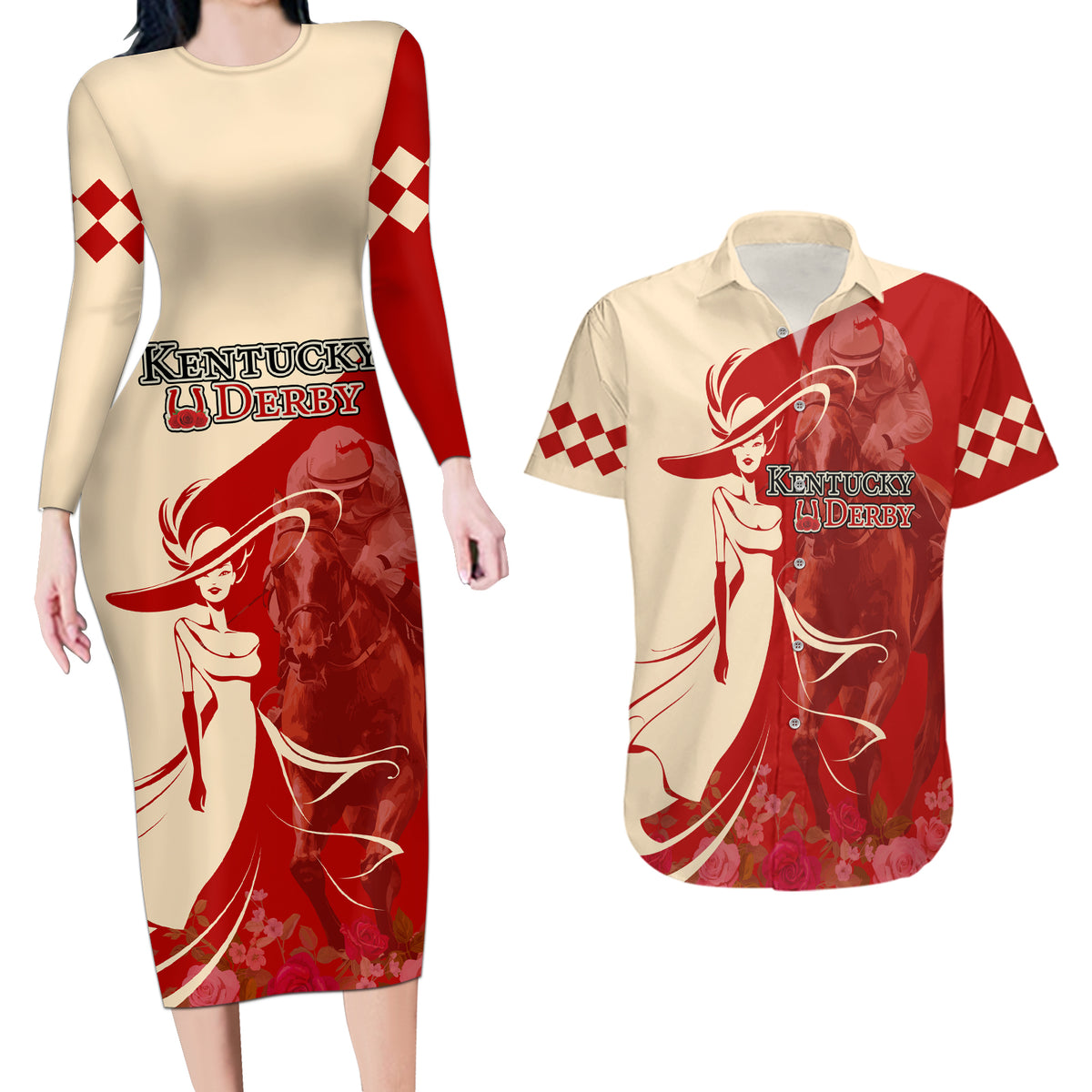 Kentucky Racing Horses Derby Hat Girl Couples Matching Long Sleeve Bodycon Dress and Hawaiian Shirt Red Color - Wonder Print Shop