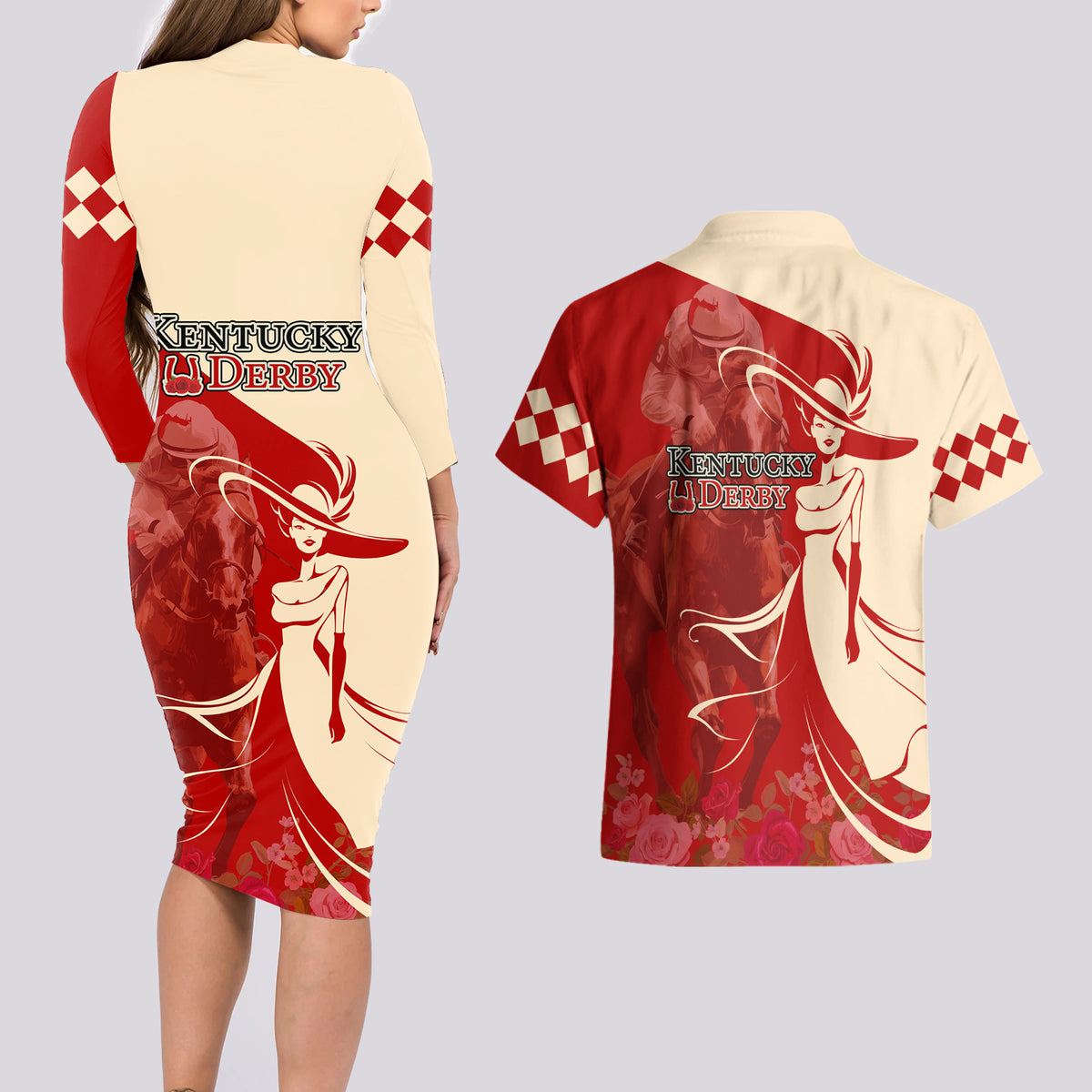 Kentucky Racing Horses Derby Hat Girl Couples Matching Long Sleeve Bodycon Dress and Hawaiian Shirt Red Color - Wonder Print Shop