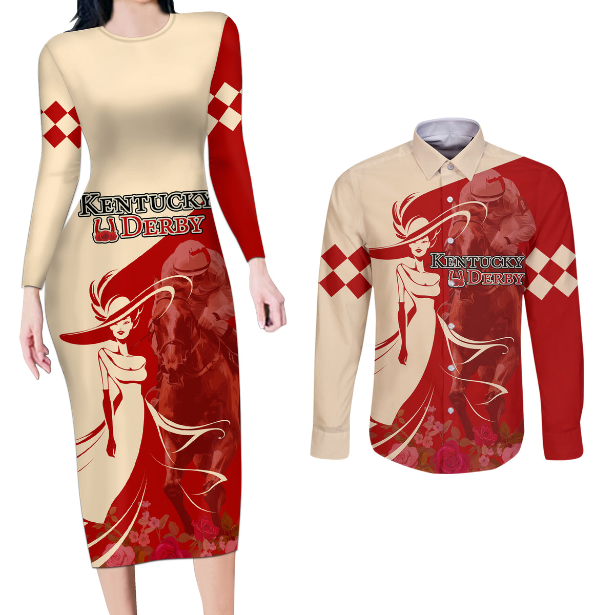 Kentucky Racing Horses Derby Hat Girl Couples Matching Long Sleeve Bodycon Dress and Long Sleeve Button Shirt Red Color - Wonder Print Shop