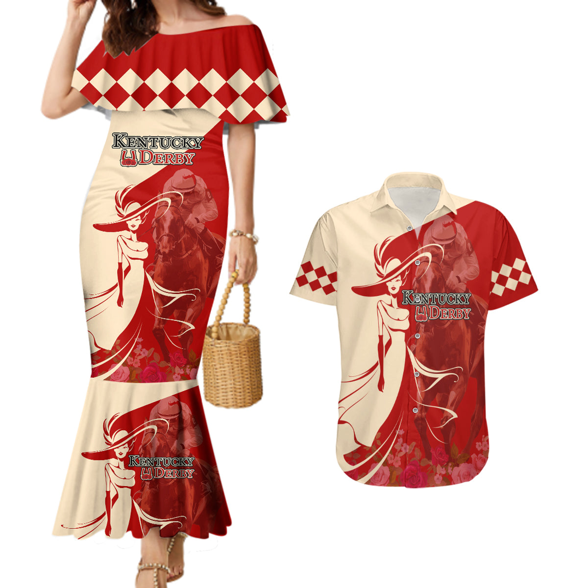 Kentucky Racing Horses Derby Hat Girl Couples Matching Mermaid Dress and Hawaiian Shirt Red Color - Wonder Print Shop