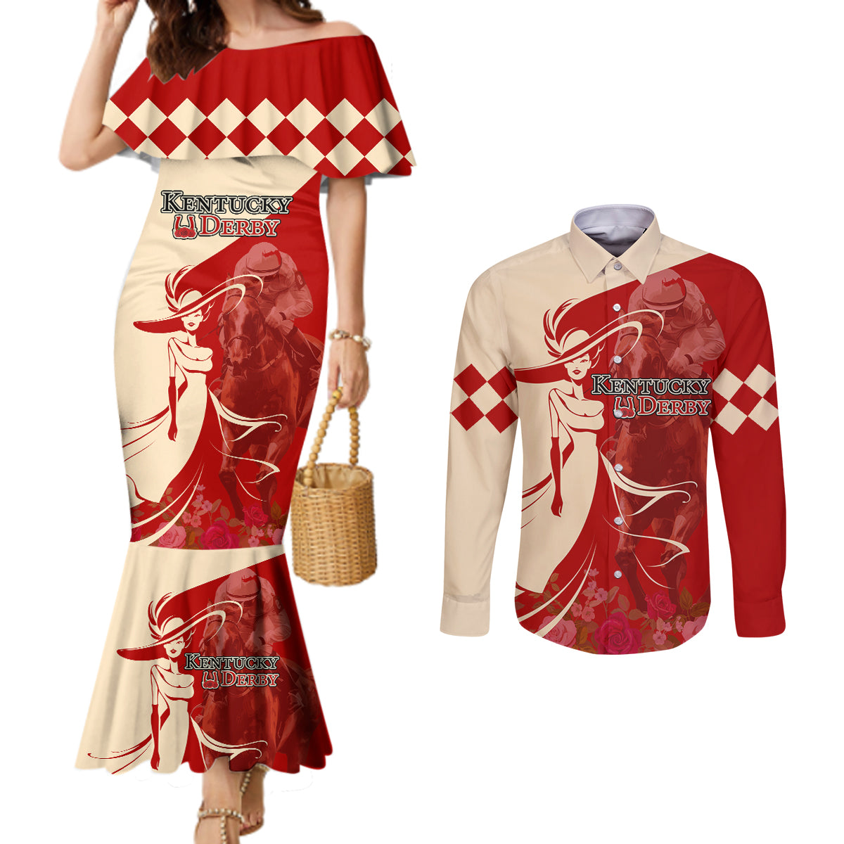 Kentucky Racing Horses Derby Hat Girl Couples Matching Mermaid Dress and Long Sleeve Button Shirt Red Color