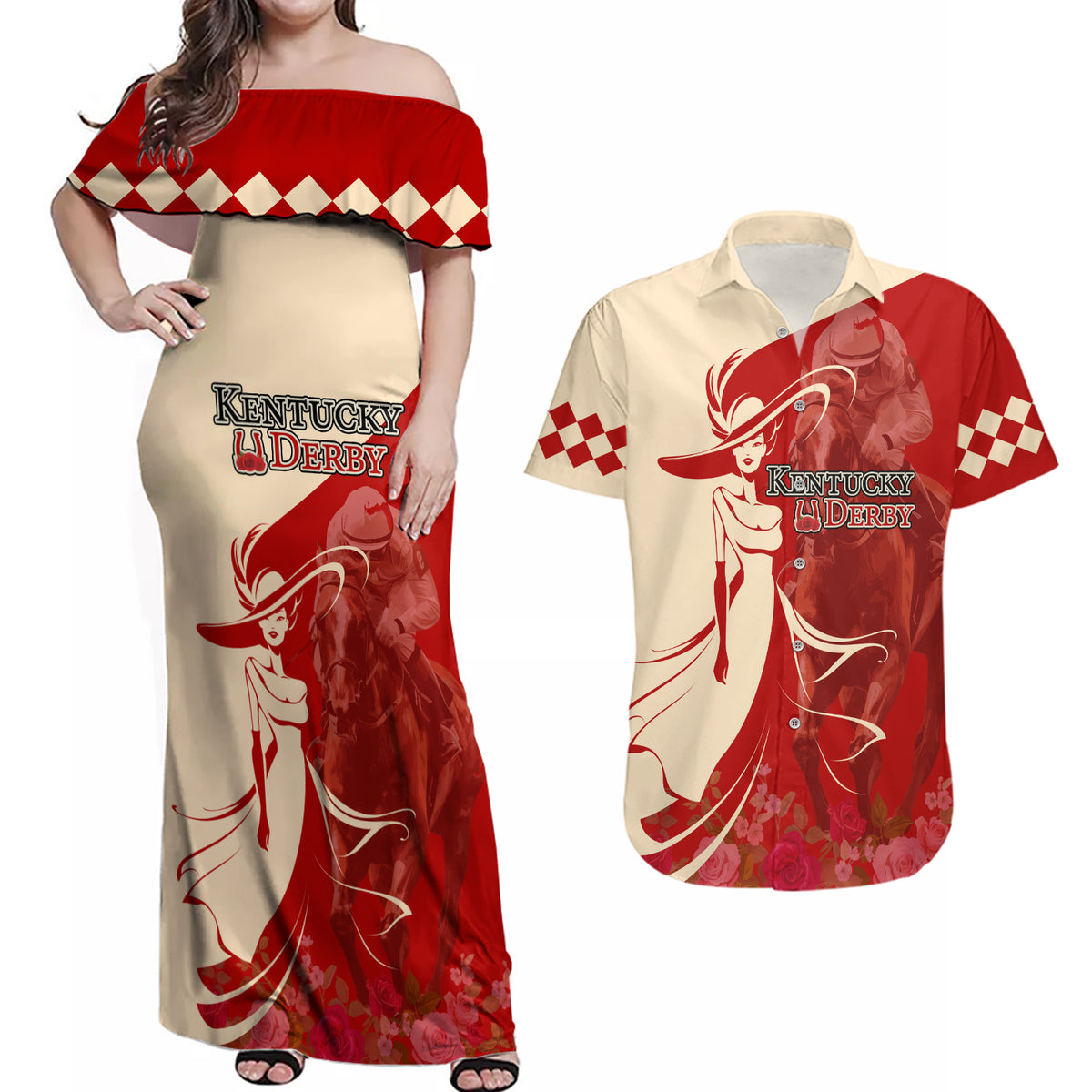 Kentucky Racing Horses Derby Hat Girl Couples Matching Off Shoulder Maxi Dress and Hawaiian Shirt Red Color - Wonder Print Shop
