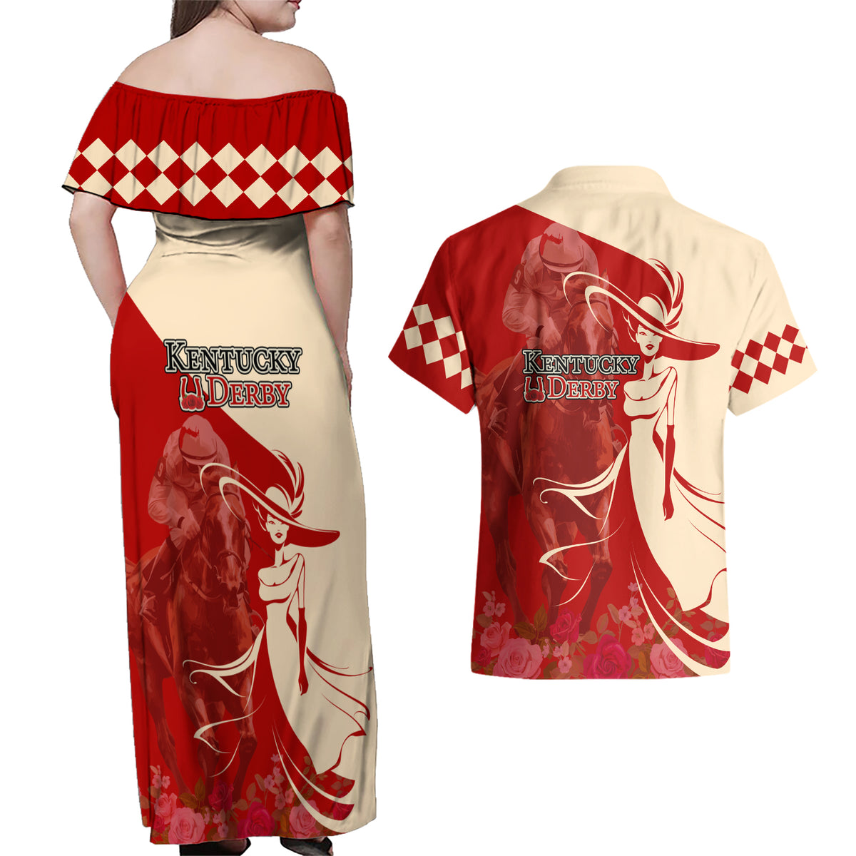 Kentucky Racing Horses Derby Hat Girl Couples Matching Off Shoulder Maxi Dress and Hawaiian Shirt Red Color - Wonder Print Shop