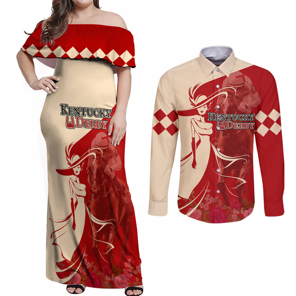 Kentucky Racing Horses Derby Hat Girl Couples Matching Off Shoulder Maxi Dress and Long Sleeve Button Shirt Red Color - Wonder Print Shop