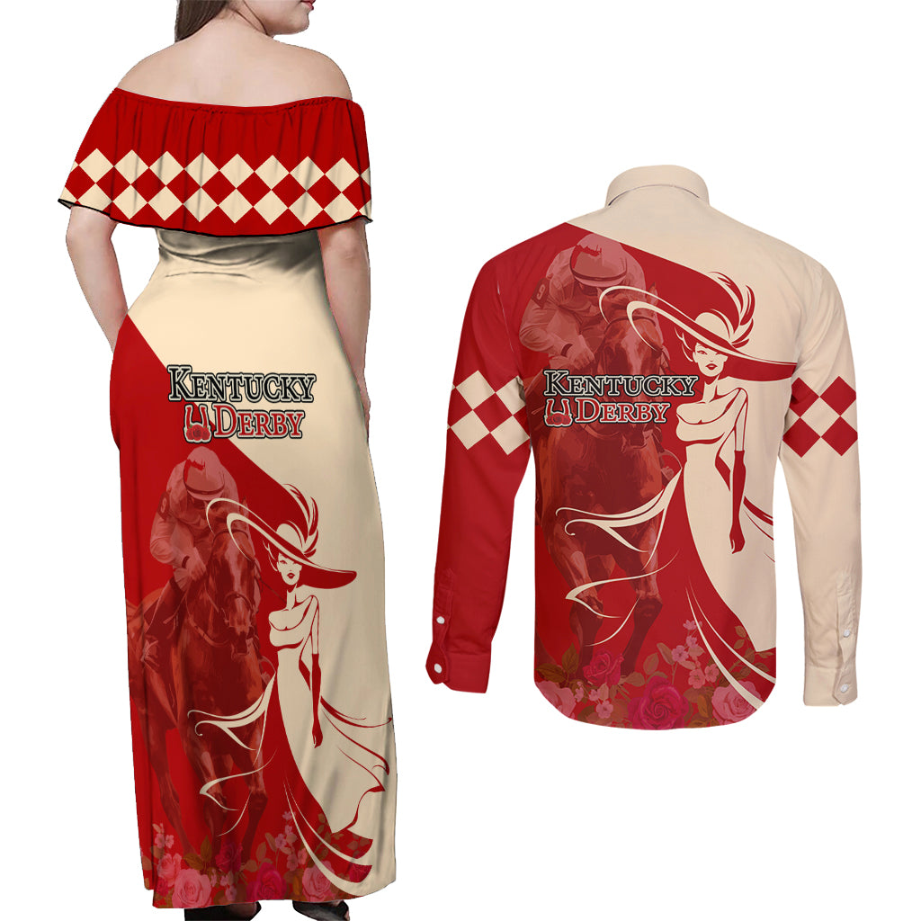 Kentucky Racing Horses Derby Hat Girl Couples Matching Off Shoulder Maxi Dress and Long Sleeve Button Shirt Red Color - Wonder Print Shop