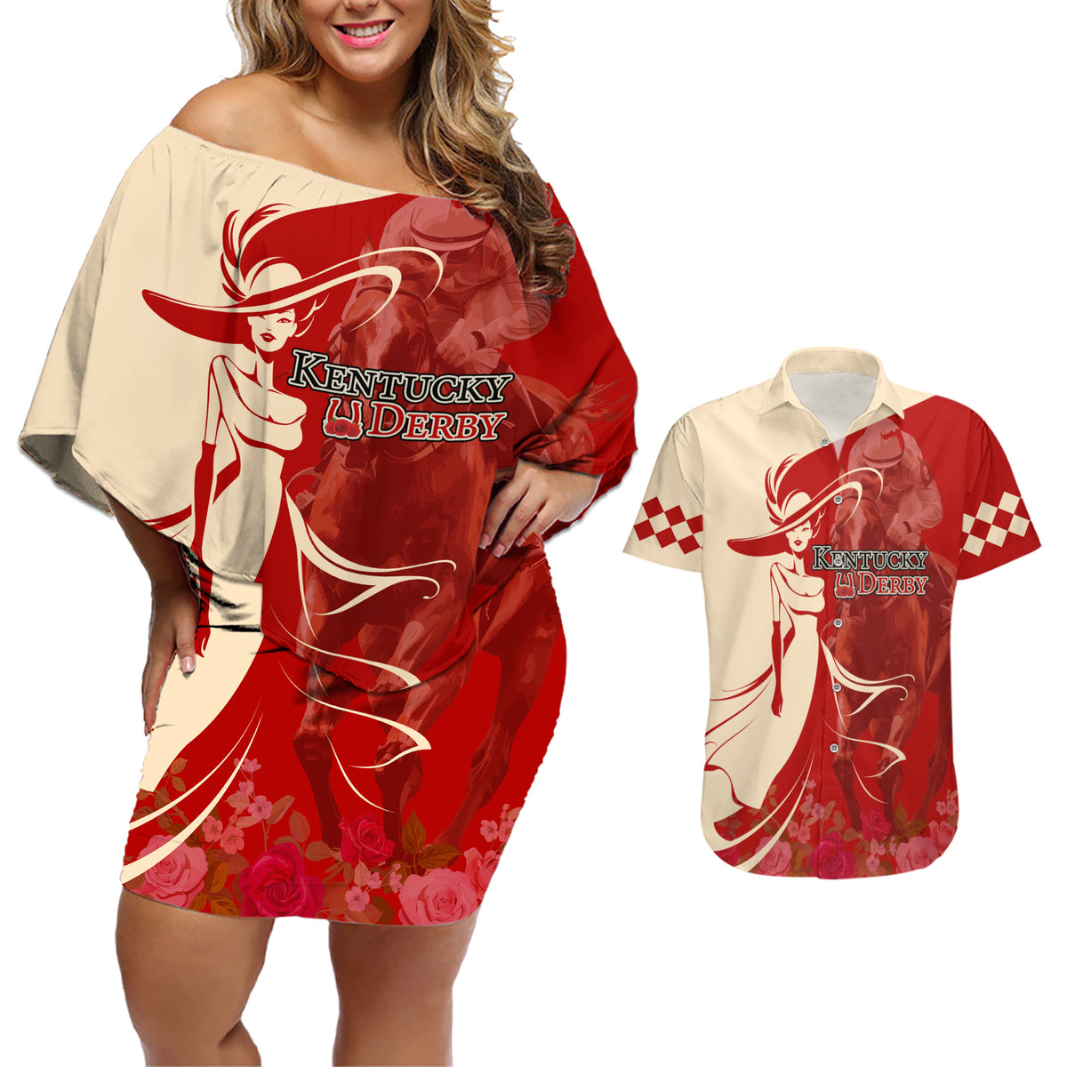 Kentucky Racing Horses Derby Hat Girl Couples Matching Off Shoulder Short Dress and Hawaiian Shirt Red Color - Wonder Print Shop