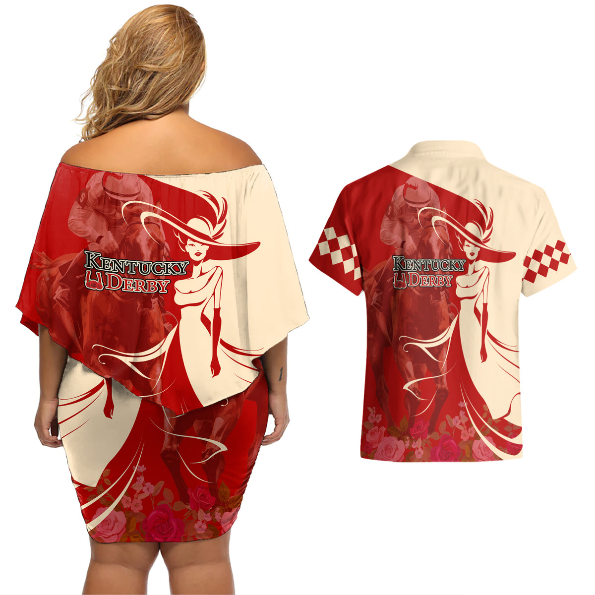 Kentucky Racing Horses Derby Hat Girl Couples Matching Off Shoulder Short Dress and Hawaiian Shirt Red Color - Wonder Print Shop
