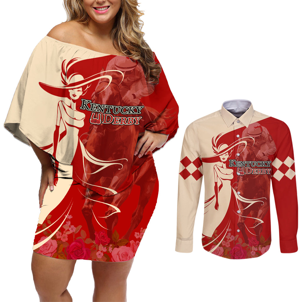 Kentucky Racing Horses Derby Hat Girl Couples Matching Off Shoulder Short Dress and Long Sleeve Button Shirt Red Color - Wonder Print Shop