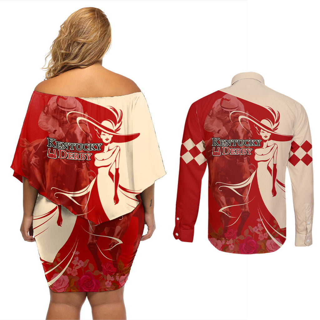 Kentucky Racing Horses Derby Hat Girl Couples Matching Off Shoulder Short Dress and Long Sleeve Button Shirt Red Color - Wonder Print Shop