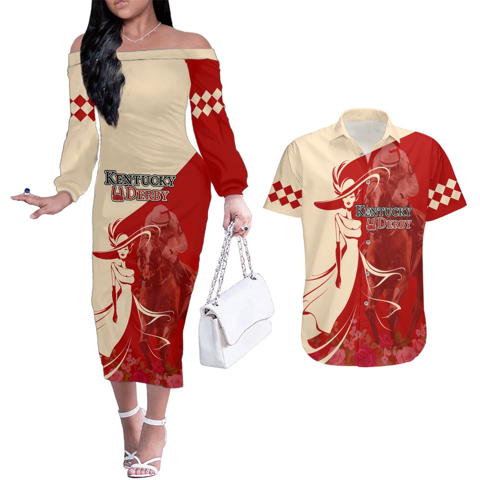 Kentucky Racing Horses Derby Hat Girl Couples Matching Off The Shoulder Long Sleeve Dress and Hawaiian Shirt Red Color - Wonder Print Shop