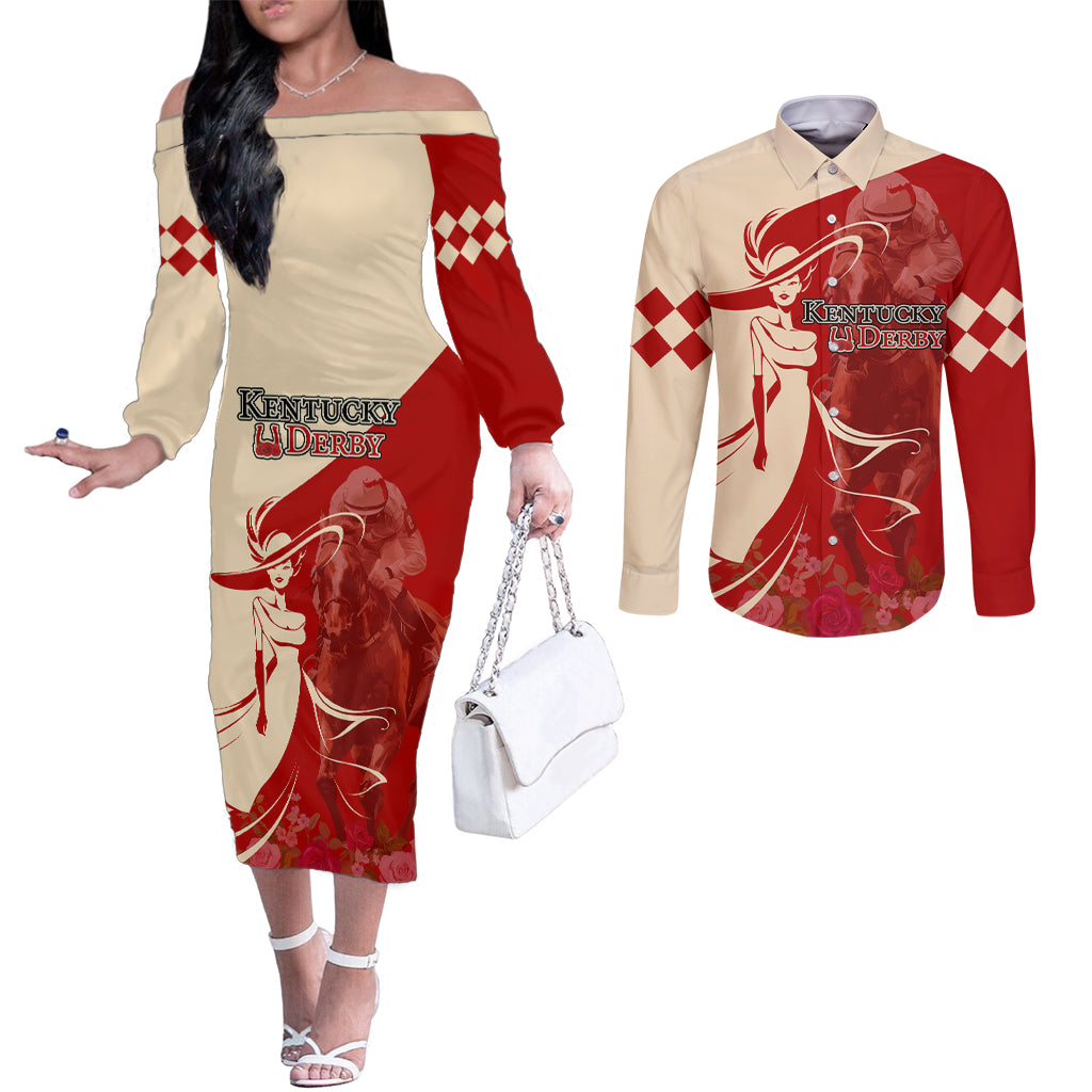 Kentucky Racing Horses Derby Hat Girl Couples Matching Off The Shoulder Long Sleeve Dress and Long Sleeve Button Shirt Red Color