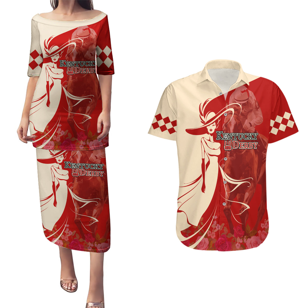 Kentucky Racing Horses Derby Hat Girl Couples Matching Puletasi and Hawaiian Shirt Red Color - Wonder Print Shop