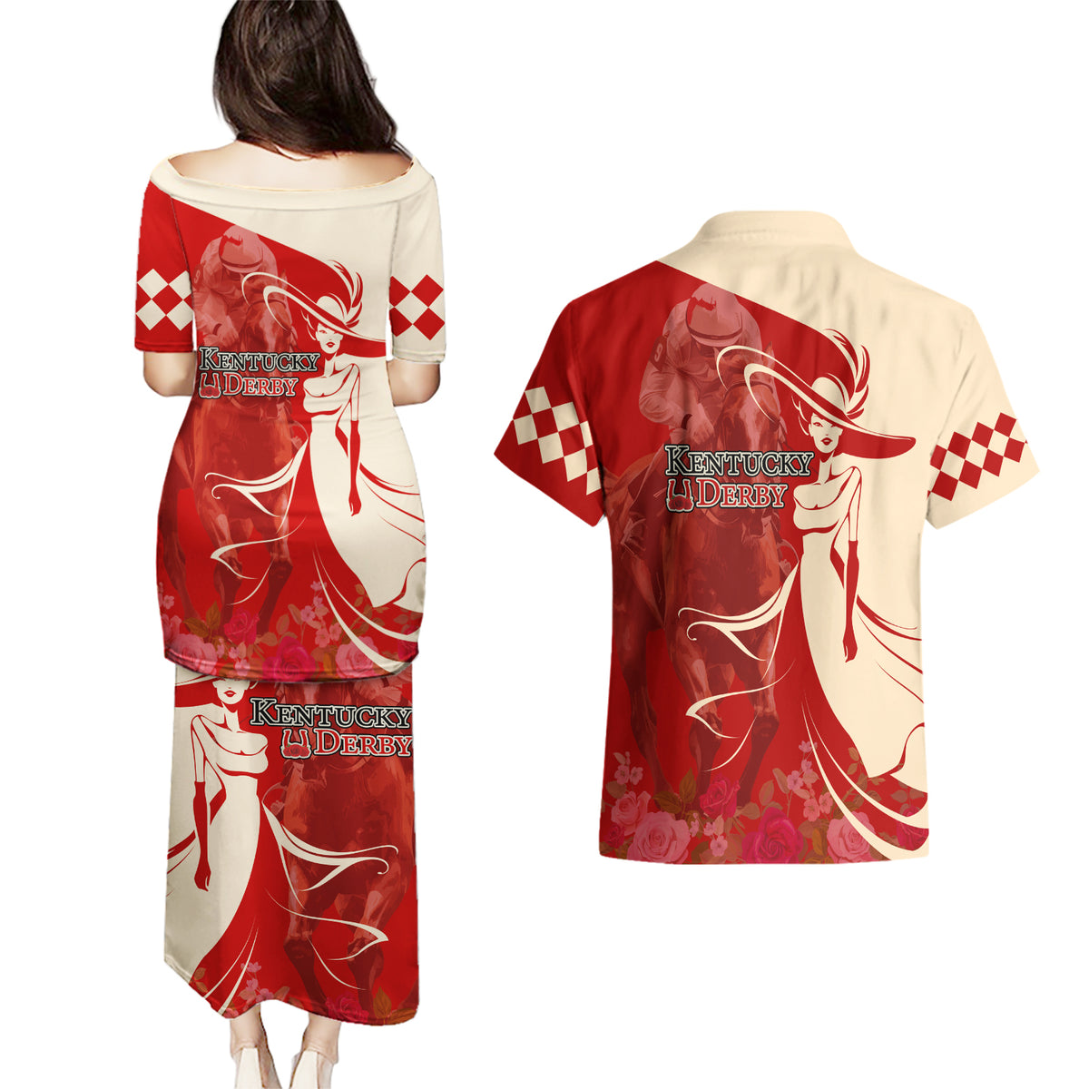 Kentucky Racing Horses Derby Hat Girl Couples Matching Puletasi and Hawaiian Shirt Red Color - Wonder Print Shop