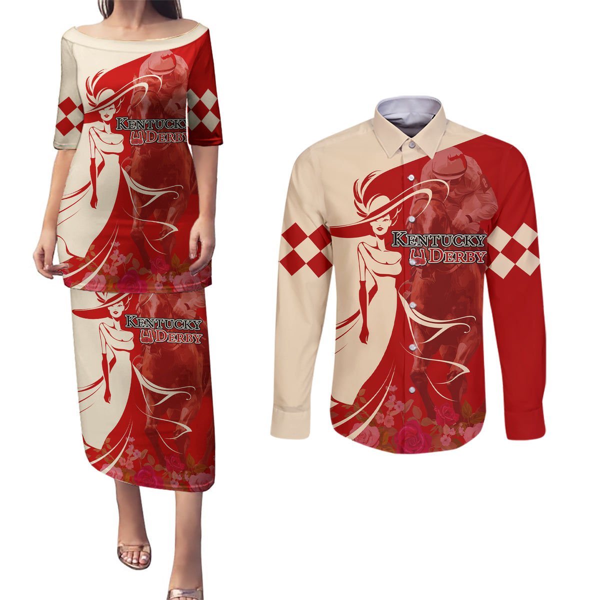 Kentucky Racing Horses Derby Hat Girl Couples Matching Puletasi and Long Sleeve Button Shirt Red Color - Wonder Print Shop