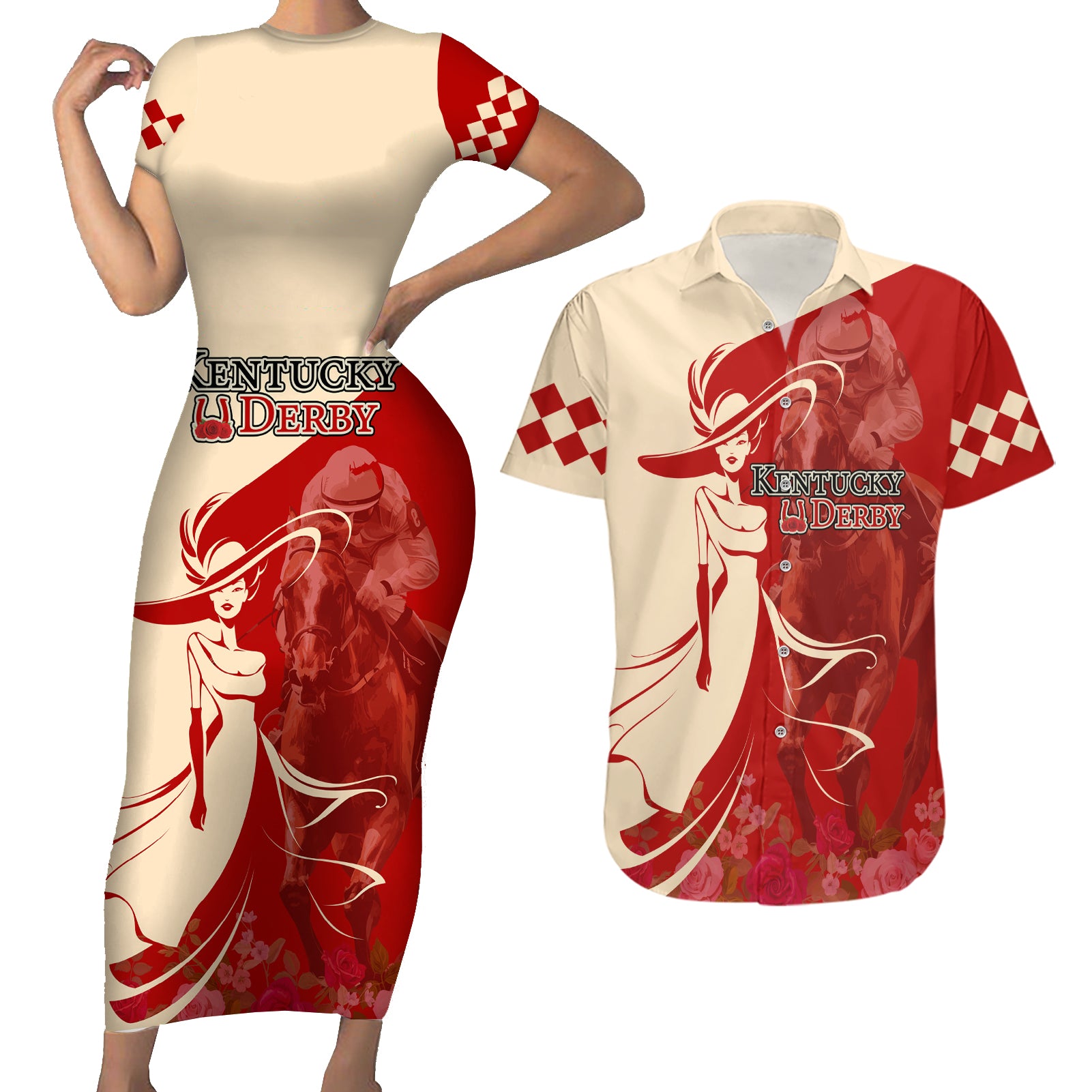 Kentucky Racing Horses Derby Hat Girl Couples Matching Short Sleeve Bodycon Dress and Hawaiian Shirt Red Color - Wonder Print Shop
