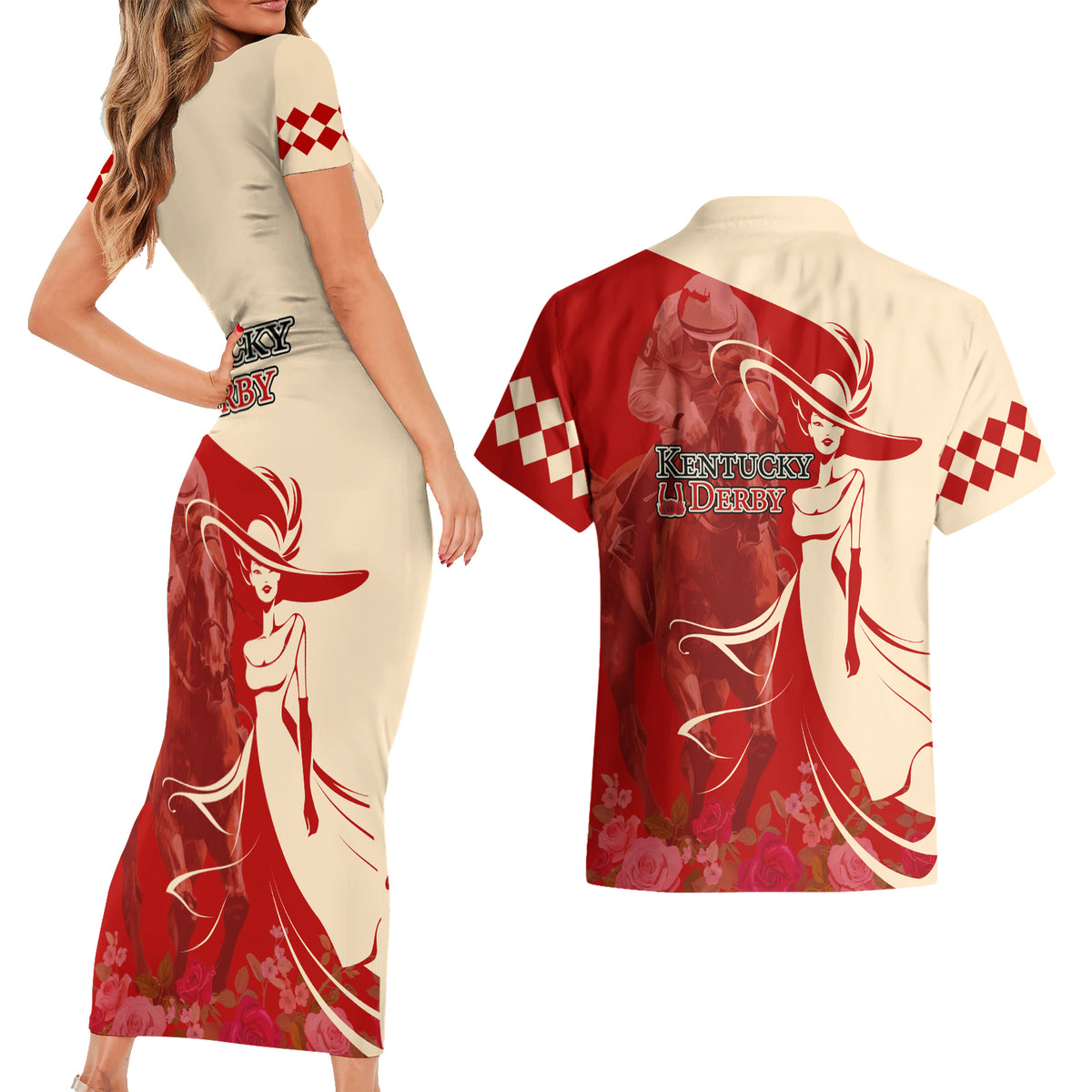 Kentucky Racing Horses Derby Hat Girl Couples Matching Short Sleeve Bodycon Dress and Hawaiian Shirt Red Color - Wonder Print Shop