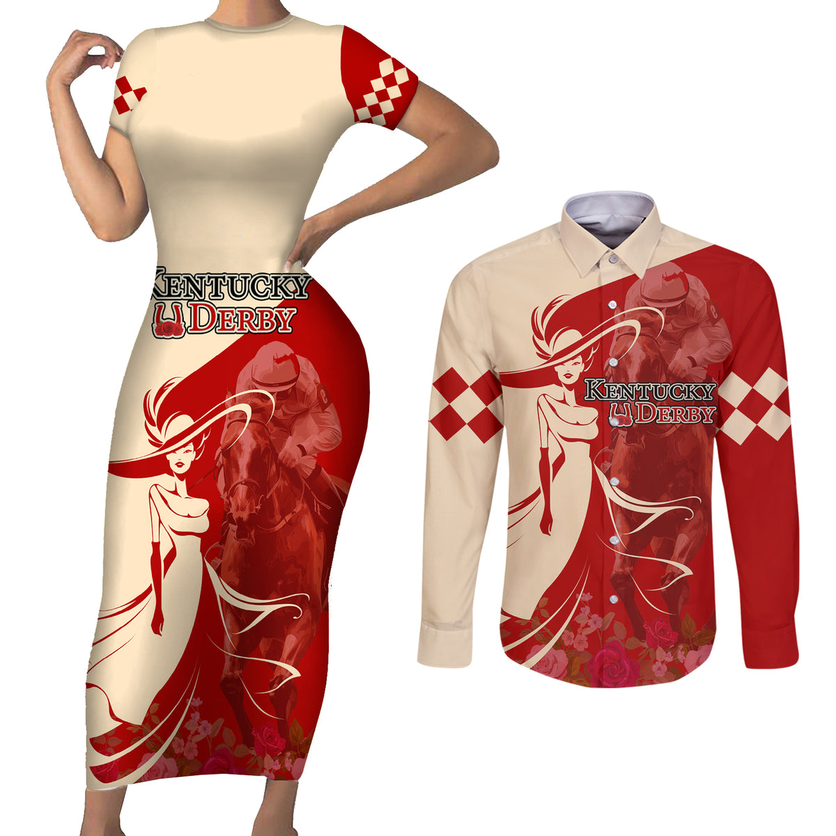 Kentucky Racing Horses Derby Hat Girl Couples Matching Short Sleeve Bodycon Dress and Long Sleeve Button Shirt Red Color - Wonder Print Shop