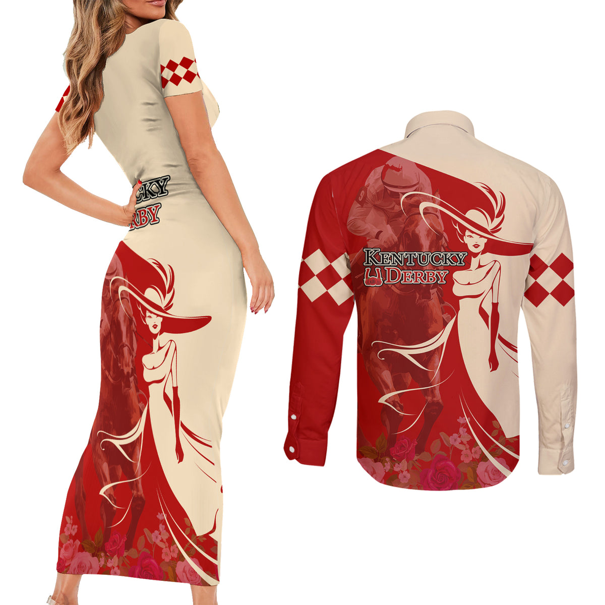 Kentucky Racing Horses Derby Hat Girl Couples Matching Short Sleeve Bodycon Dress and Long Sleeve Button Shirt Red Color - Wonder Print Shop