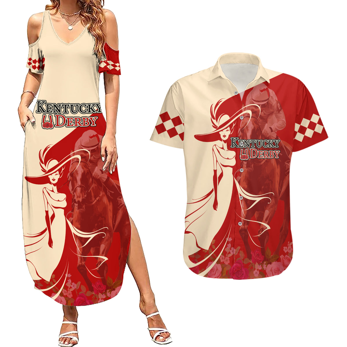 Kentucky Racing Horses Derby Hat Girl Couples Matching Summer Maxi Dress and Hawaiian Shirt Red Color - Wonder Print Shop