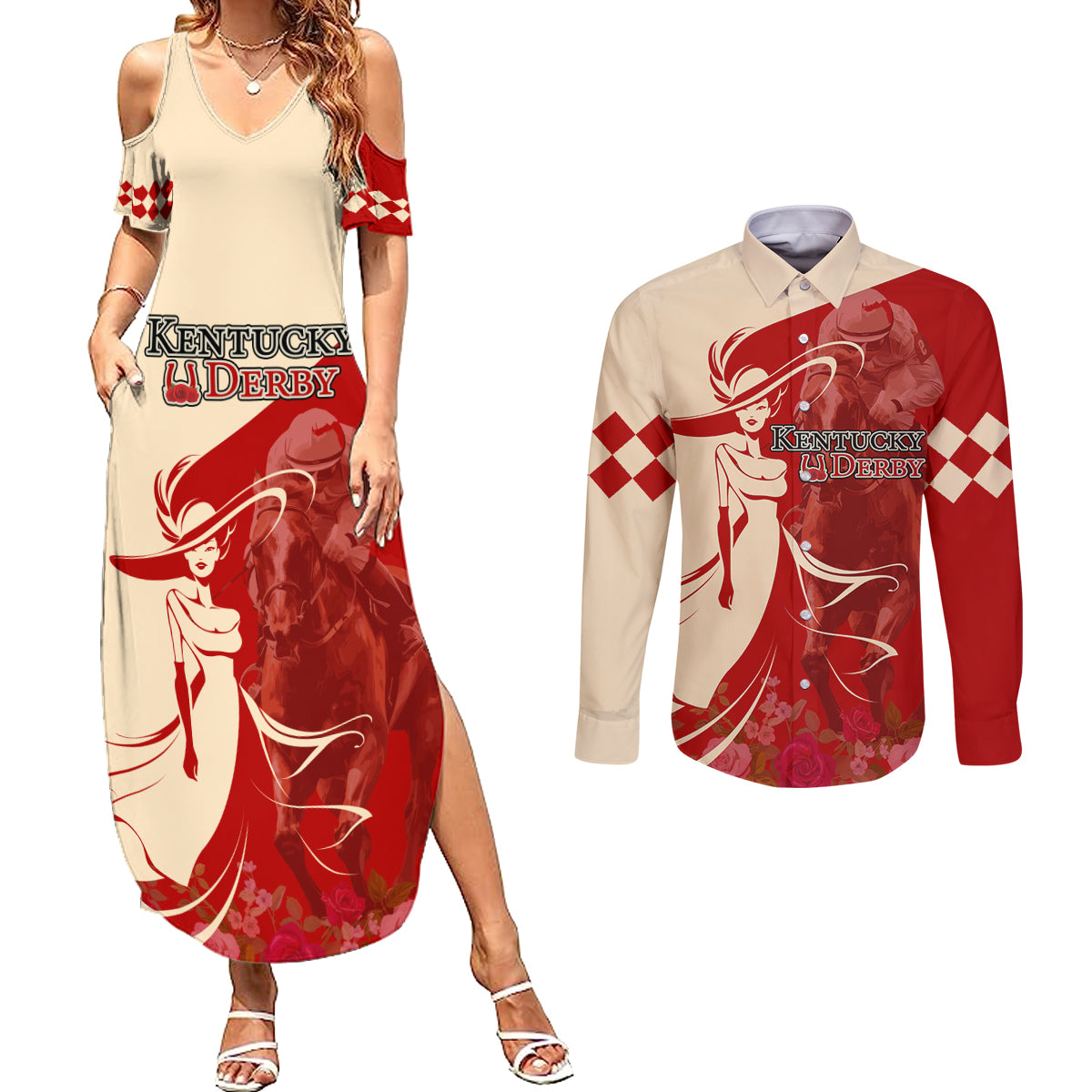 Kentucky Racing Horses Derby Hat Girl Couples Matching Summer Maxi Dress and Long Sleeve Button Shirt Red Color - Wonder Print Shop