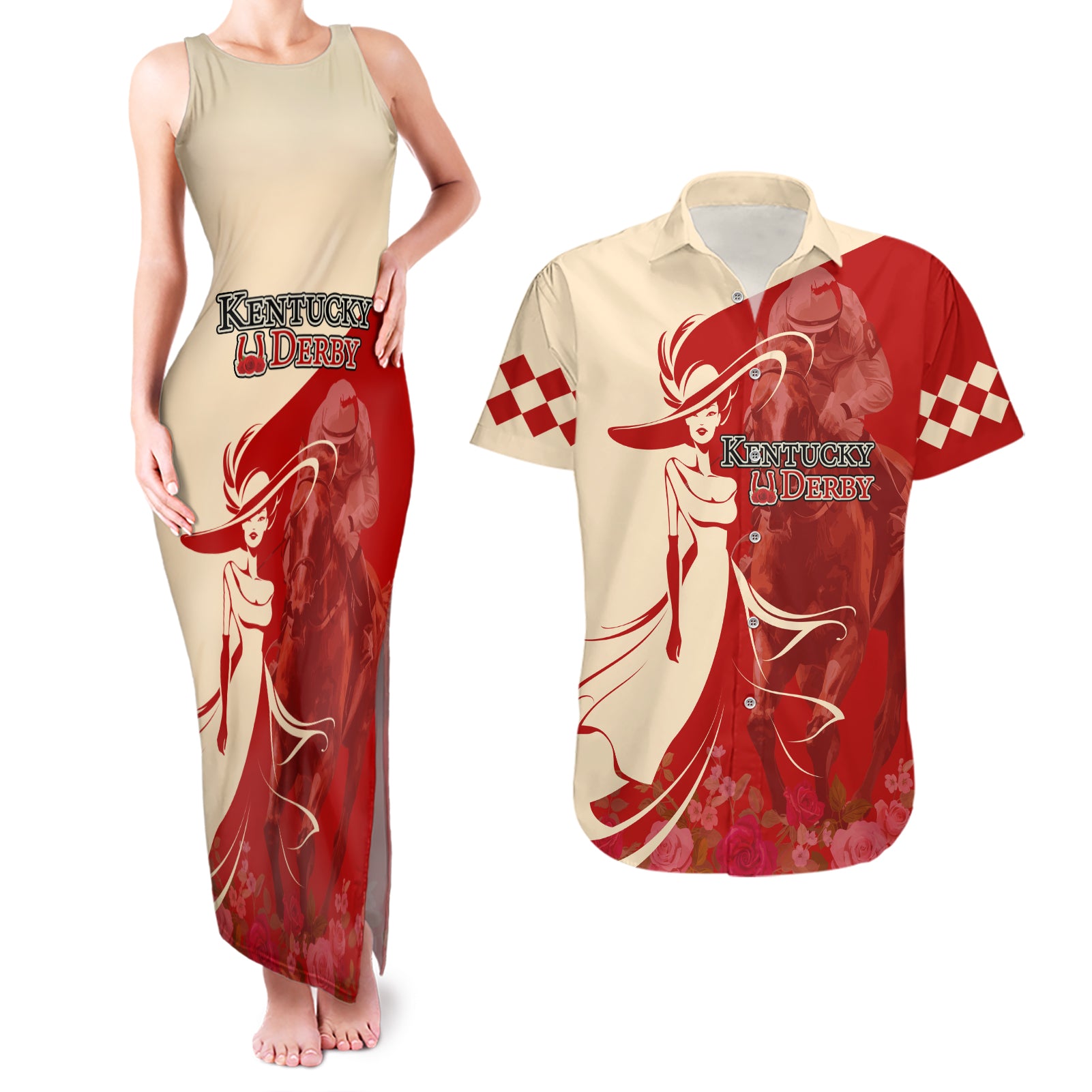 Kentucky Racing Horses Derby Hat Girl Couples Matching Tank Maxi Dress and Hawaiian Shirt Red Color - Wonder Print Shop