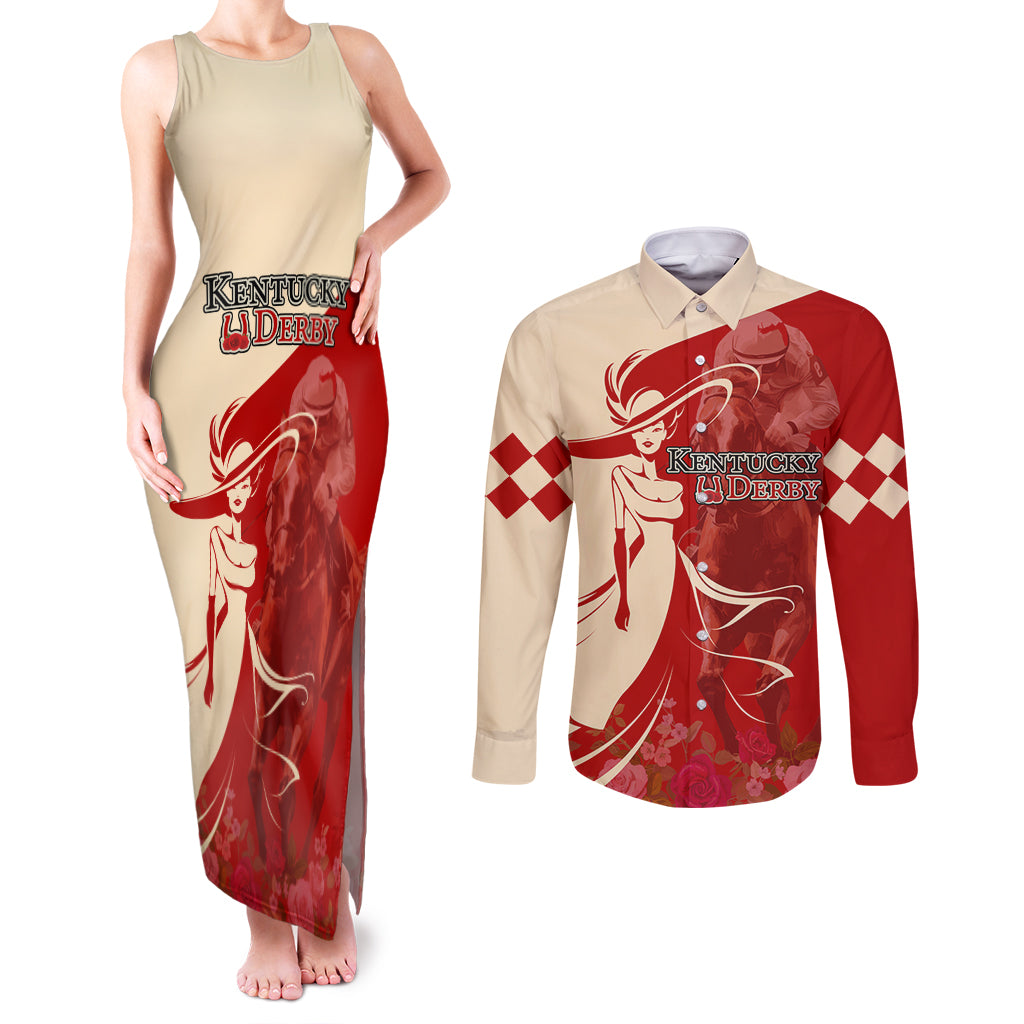 Kentucky Racing Horses Derby Hat Girl Couples Matching Tank Maxi Dress and Long Sleeve Button Shirt Red Color - Wonder Print Shop