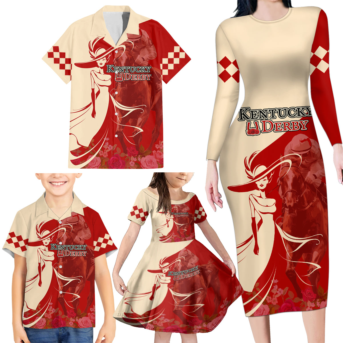 Kentucky Racing Horses Derby Hat Girl Family Matching Long Sleeve Bodycon Dress and Hawaiian Shirt Red Color - Wonder Print Shop