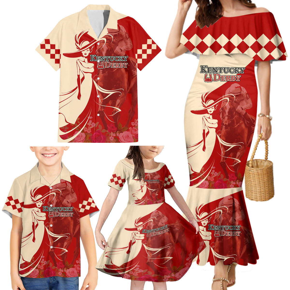 Kentucky Racing Horses Derby Hat Girl Family Matching Mermaid Dress and Hawaiian Shirt Red Color - Wonder Print Shop
