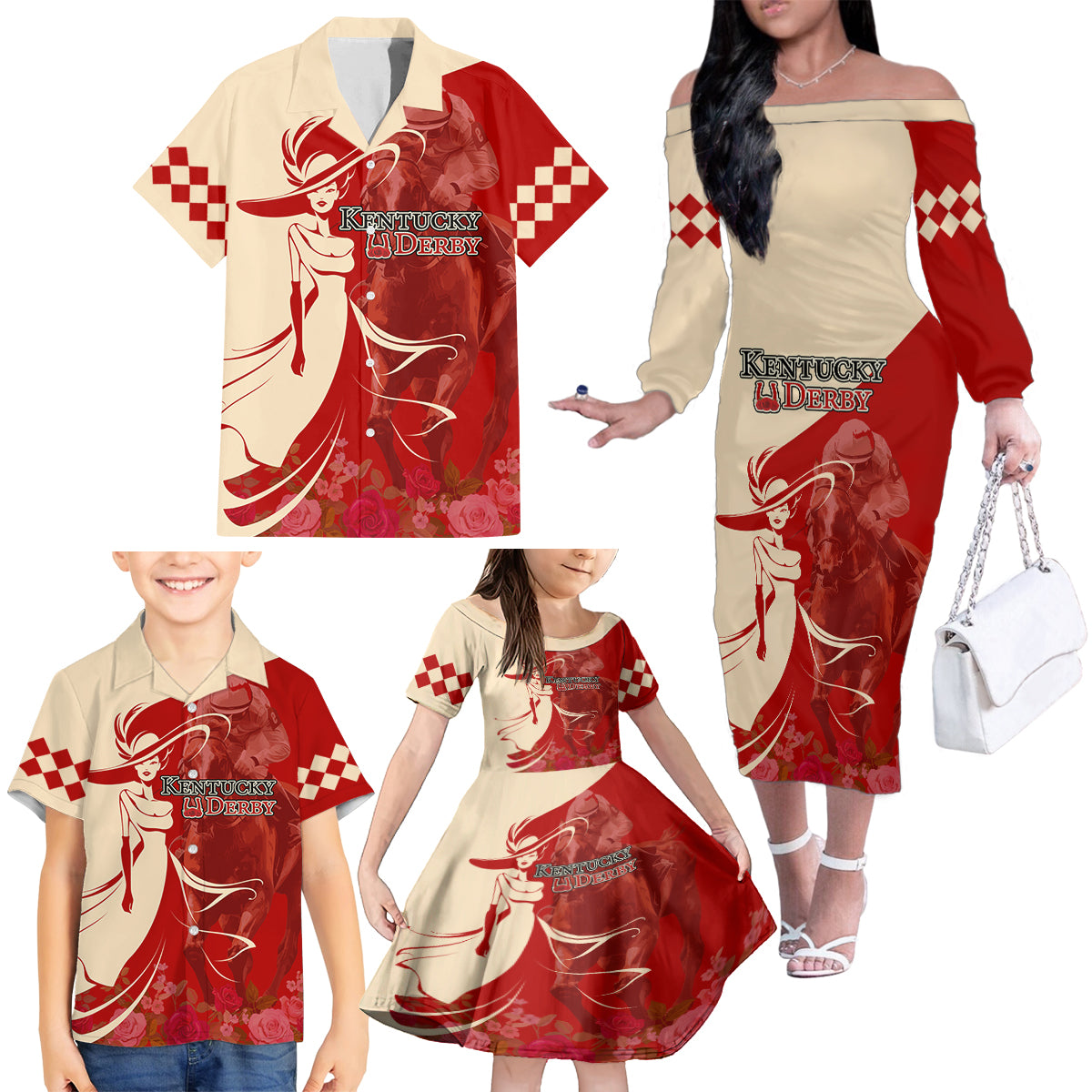 Kentucky Racing Horses Derby Hat Girl Family Matching Off The Shoulder Long Sleeve Dress and Hawaiian Shirt Red Color - Wonder Print Shop