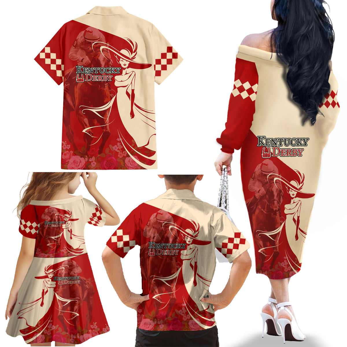 Kentucky Racing Horses Derby Hat Girl Family Matching Off The Shoulder Long Sleeve Dress and Hawaiian Shirt Red Color - Wonder Print Shop