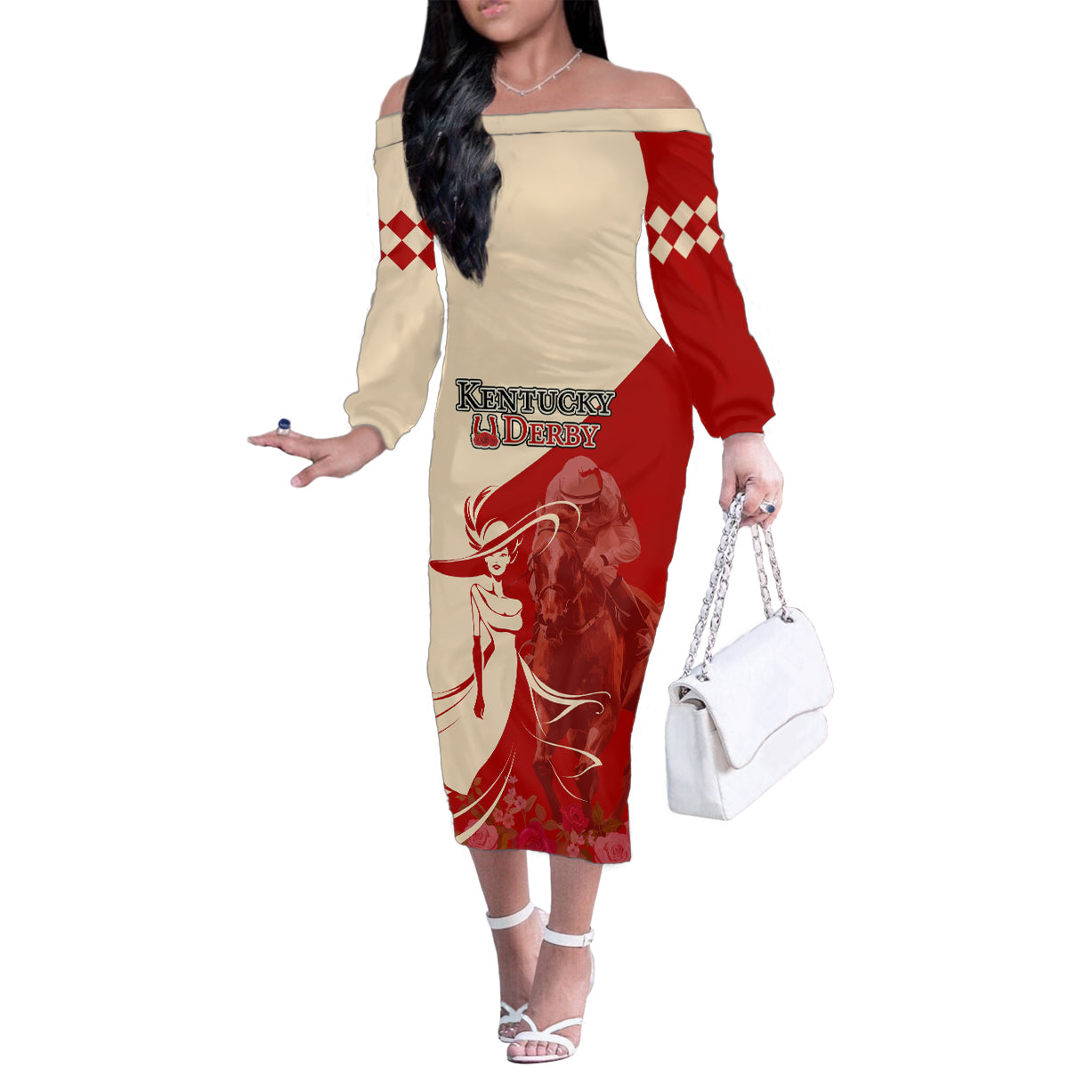 Kentucky Racing Horses Derby Hat Girl Family Matching Off The Shoulder Long Sleeve Dress and Hawaiian Shirt Red Color - Wonder Print Shop