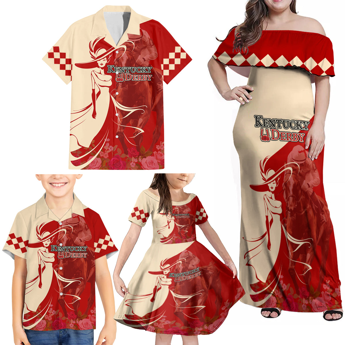 Kentucky Racing Horses Derby Hat Girl Family Matching Off Shoulder Maxi Dress and Hawaiian Shirt Red Color - Wonder Print Shop