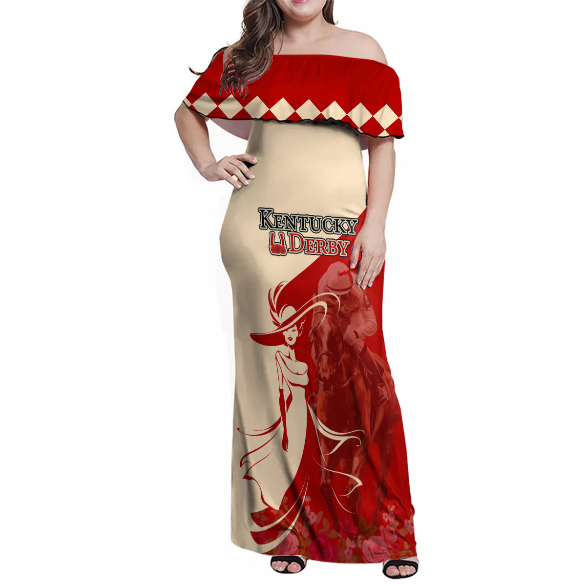 Kentucky Racing Horses Derby Hat Girl Family Matching Off Shoulder Maxi Dress and Hawaiian Shirt Red Color - Wonder Print Shop