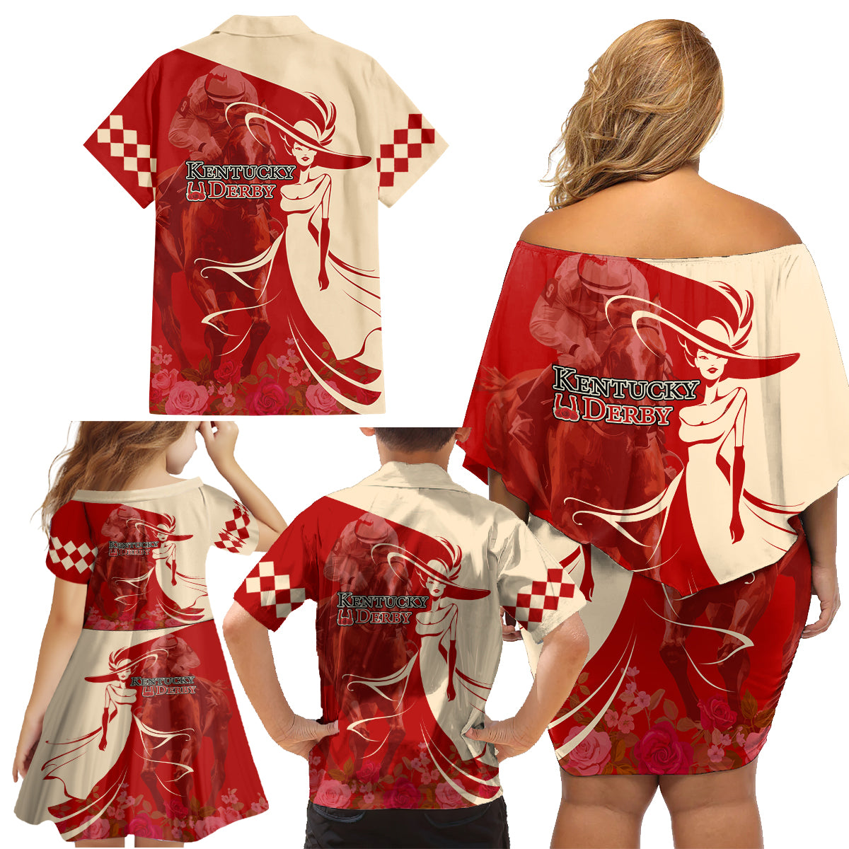 Kentucky Racing Horses Derby Hat Girl Family Matching Off Shoulder Short Dress and Hawaiian Shirt Red Color - Wonder Print Shop
