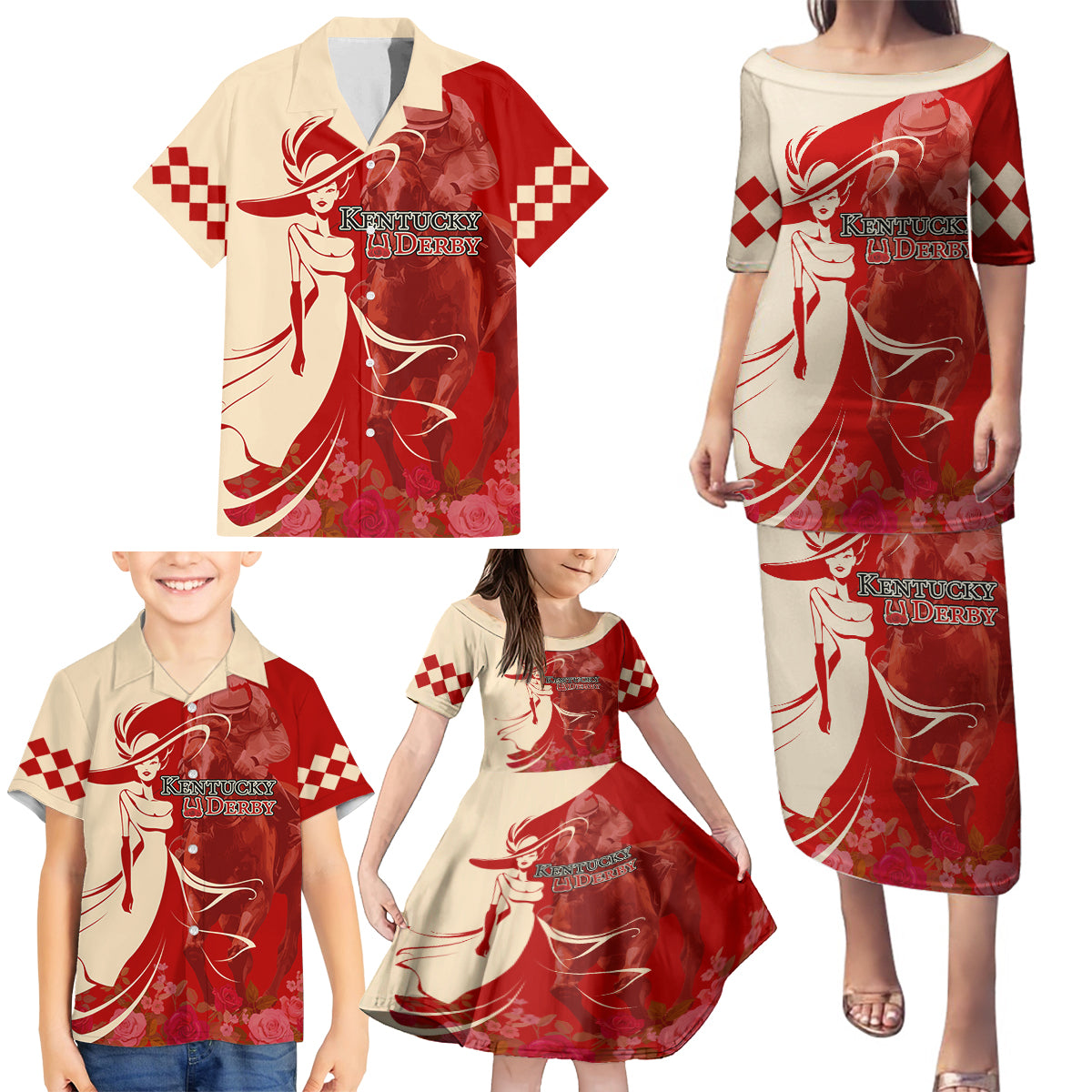 Kentucky Racing Horses Derby Hat Girl Family Matching Puletasi and Hawaiian Shirt Red Color - Wonder Print Shop