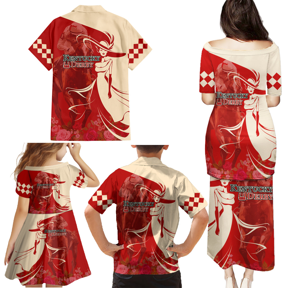 Kentucky Racing Horses Derby Hat Girl Family Matching Puletasi and Hawaiian Shirt Red Color - Wonder Print Shop