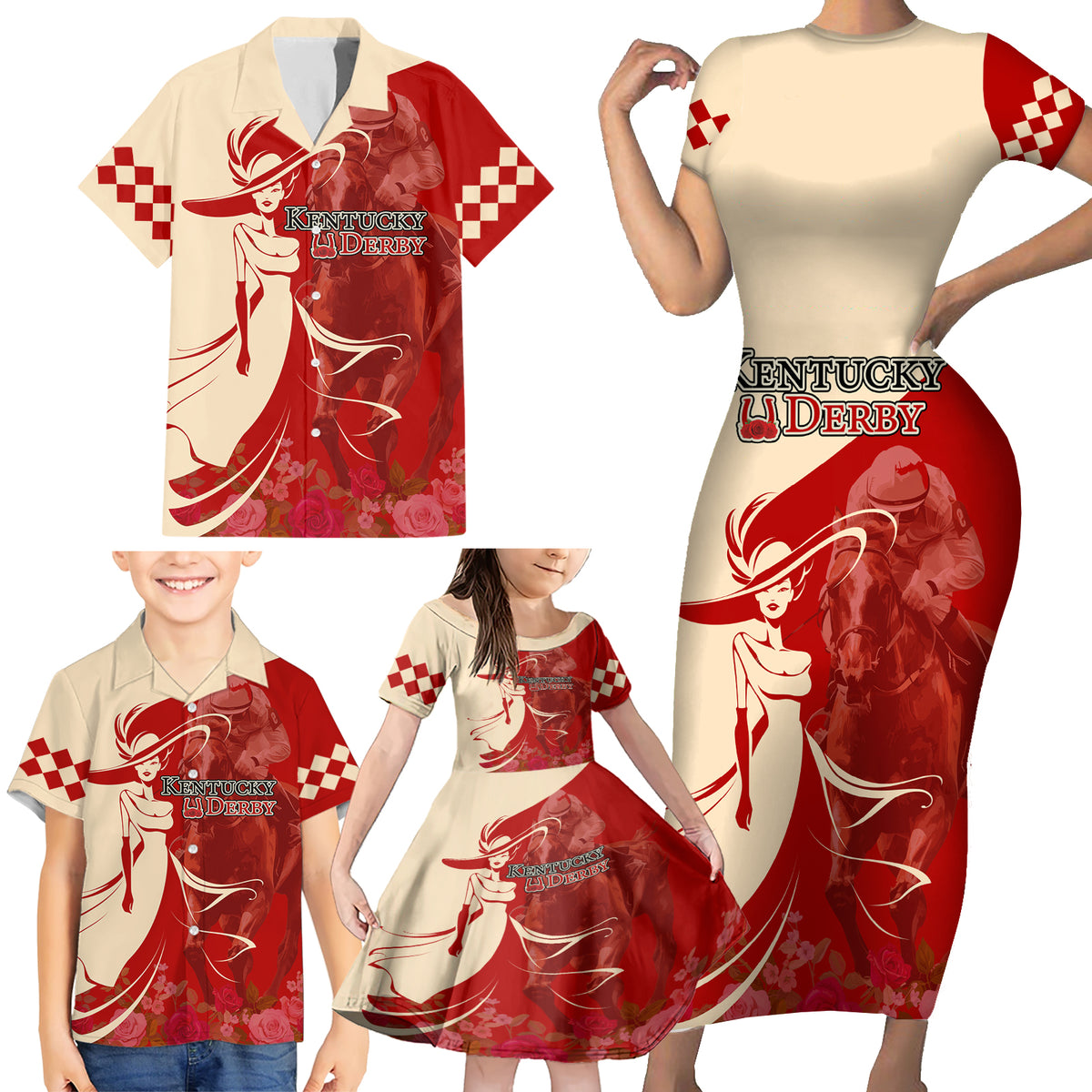 Kentucky Racing Horses Derby Hat Girl Family Matching Short Sleeve Bodycon Dress and Hawaiian Shirt Red Color - Wonder Print Shop