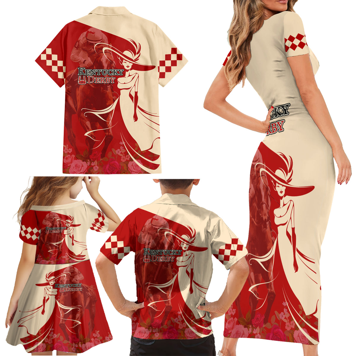 Kentucky Racing Horses Derby Hat Girl Family Matching Short Sleeve Bodycon Dress and Hawaiian Shirt Red Color - Wonder Print Shop